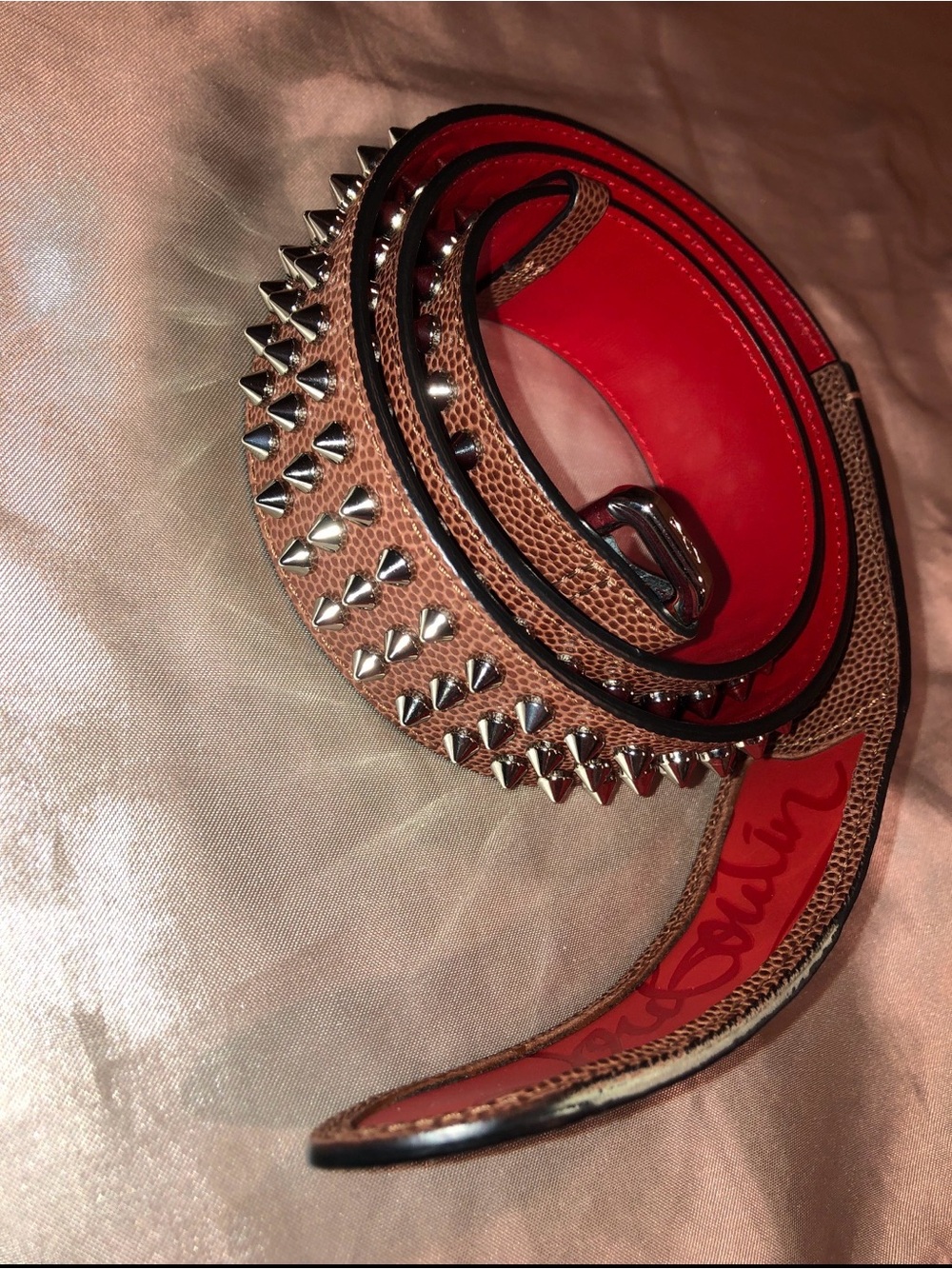 Christian Louboutin Brown Textured Spike Belt with Red Lining